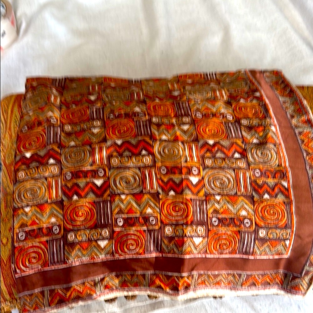 Italian Vintage probably 60’s Brown and Orange Patterned silk Scarf